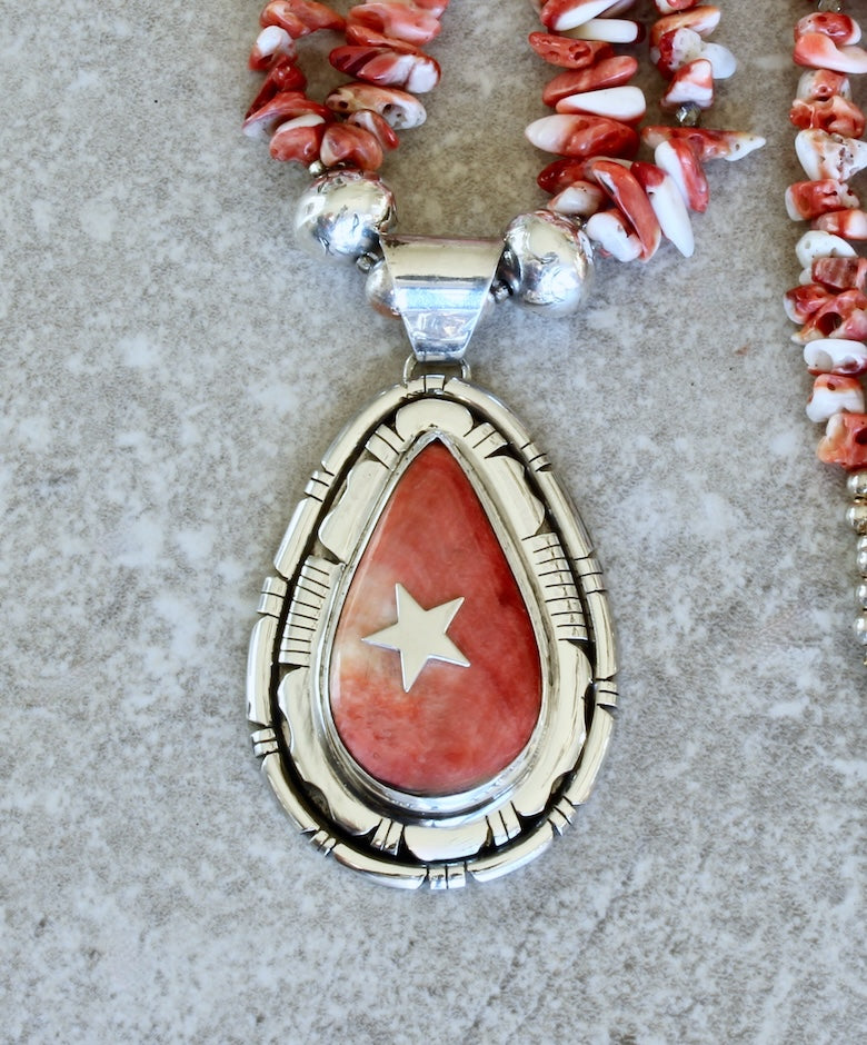 Allison Johnson Spiny Oyster Shell and Sterling Silver Pendant with 2 Strands of Spiny Oyster Shell Graduated Nuggets and Sterling