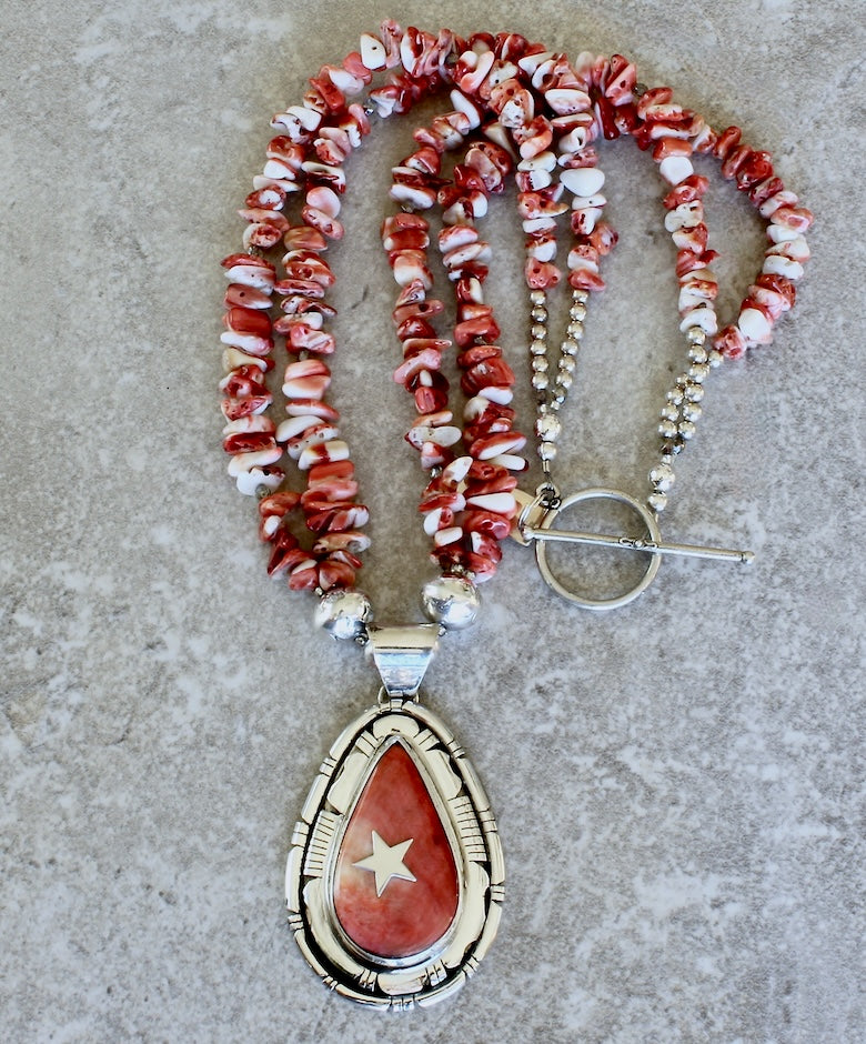 Allison Johnson Spiny Oyster Shell and Sterling Silver Pendant with 2 Strands of Spiny Oyster Shell Graduated Nuggets and Sterling