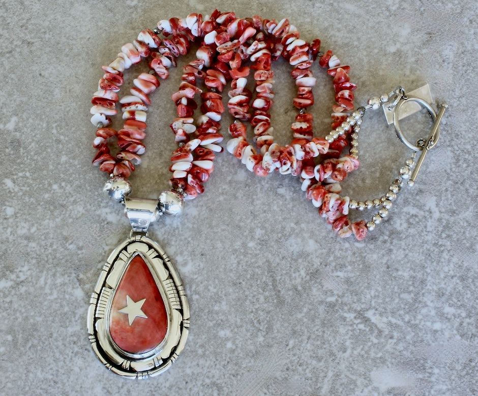 Allison Johnson Spiny Oyster Shell and Sterling Silver Pendant with 2 Strands of Spiny Oyster Shell Graduated Nuggets and Sterling