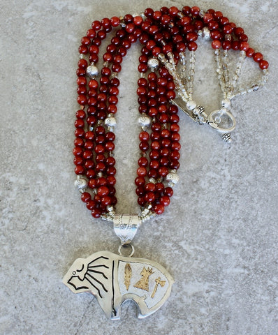 Alonzo Mariano Sterling Silver Navajo Bear Pendant with 3 Strands of Red Jade Rounds, Czech Glass and Sterling Silver