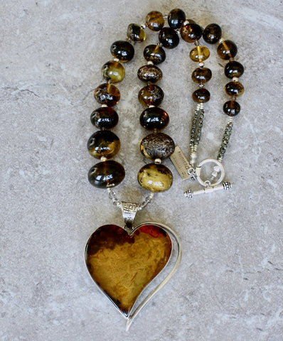 Baltic Amber & Sterling Silver Heart Pendant with Graduated Amber Rounds and Sterling