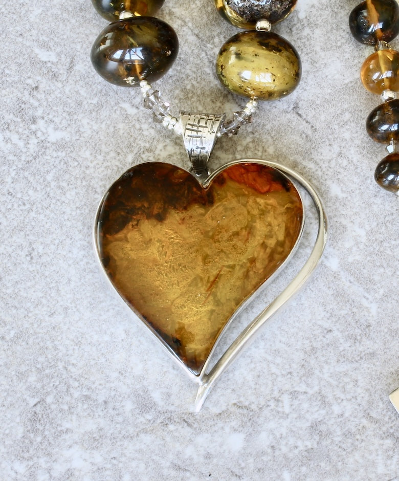 Baltic Amber & Sterling Silver Heart Pendant with Graduated Amber Rounds and Sterling