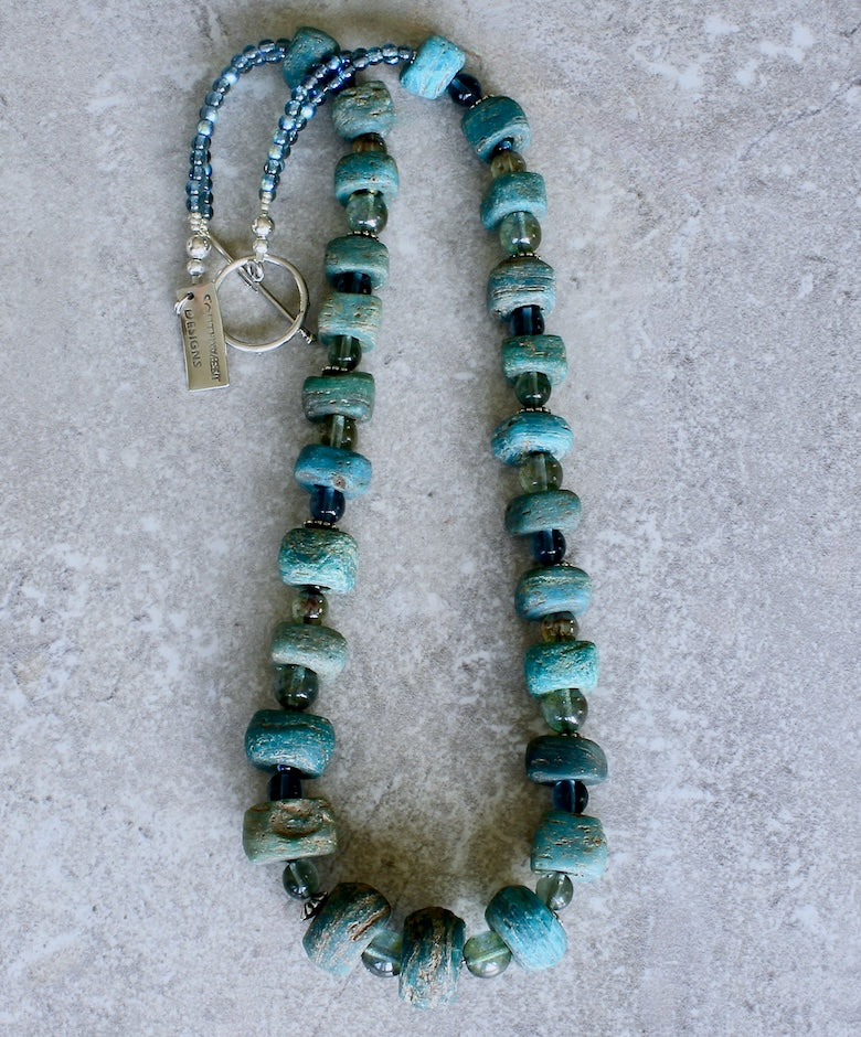 Antique Hebron Glass Bead Necklace with Czech Druk Glass Rounds and Sterling Silver