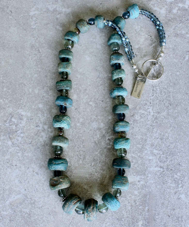 Antique Hebron Glass Bead Necklace with Czech Druk Glass Rounds and Sterling Silver
