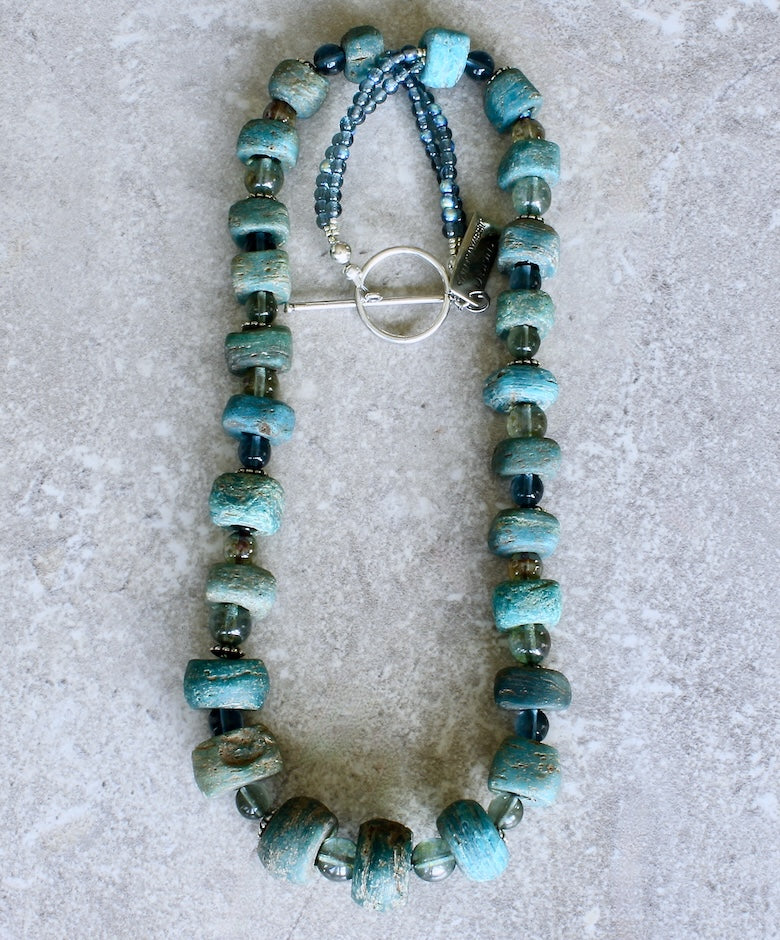 Antique Hebron Glass Bead Necklace with Czech Druk Glass Rounds and Sterling Silver