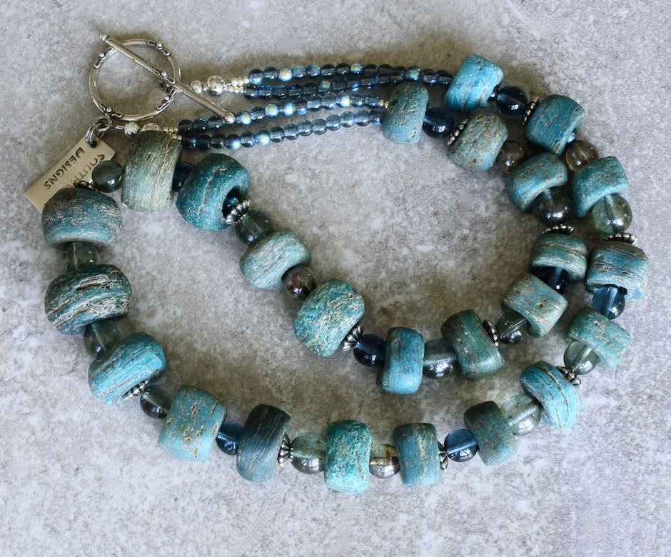 Antique Hebron Glass Bead Necklace with Czech Druk Glass Rounds and Sterling Silver