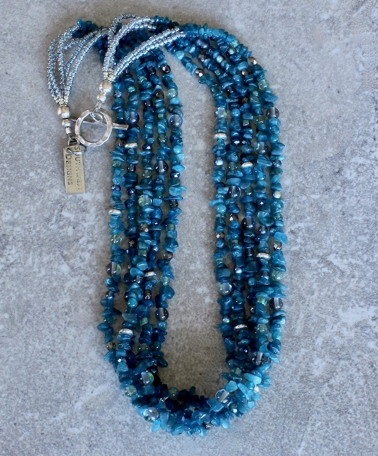 Blue Apatite Chip 5-Strand Necklace with Apatite Rounds, Tanzanite Crystal, Fire Polished Glass, Mystic Quartz Rounds, Blue-Gray Seed Beads and a Sterling Silver Toggle Clasp