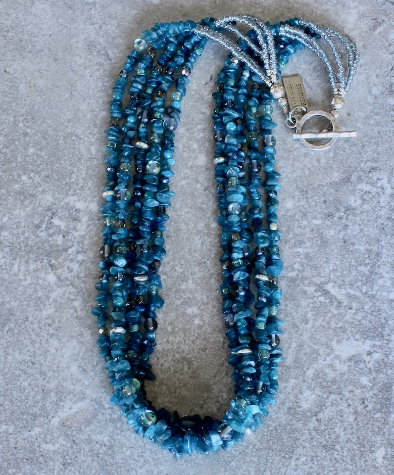 Blue Apatite Chip 5-Strand Necklace with Apatite Rounds, Tanzanite Crystal, Fire Polished Glass, Mystic Quartz Rounds, Blue-Gray Seed Beads and a Sterling Silver Toggle Clasp