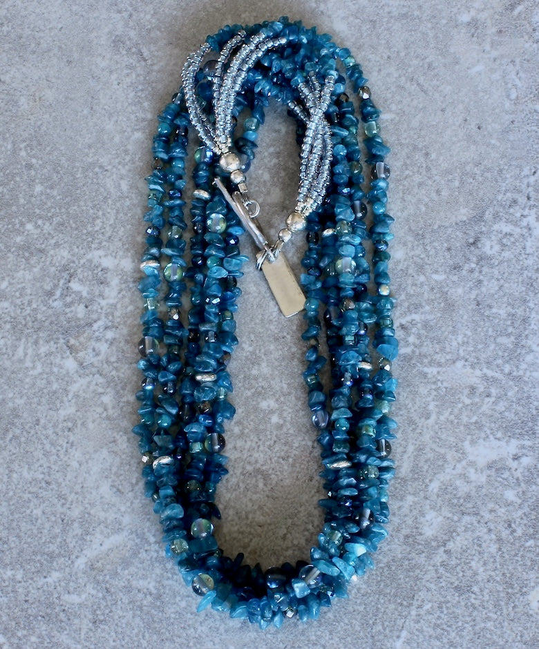 Blue Apatite Chip 5-Strand Necklace with Apatite Rounds, Tanzanite Crystal, Fire Polished Glass, Mystic Quartz Rounds, Blue-Gray Seed Beads and a Sterling Silver Toggle Clasp
