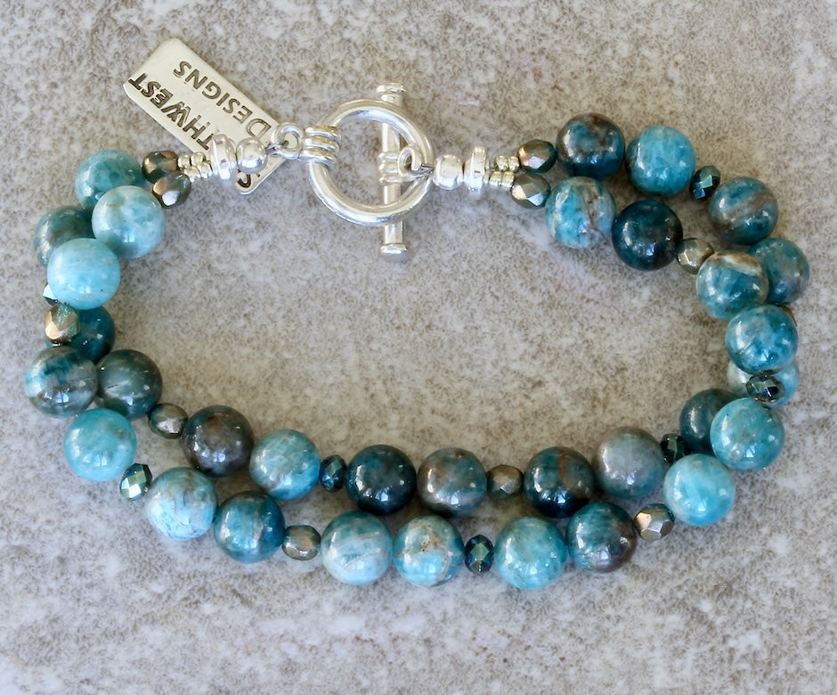 Blue Apatite Rounds 2-Strand Bracelet with Czech Fire Polished Glass and a Sterling Silver Toggle Clasp