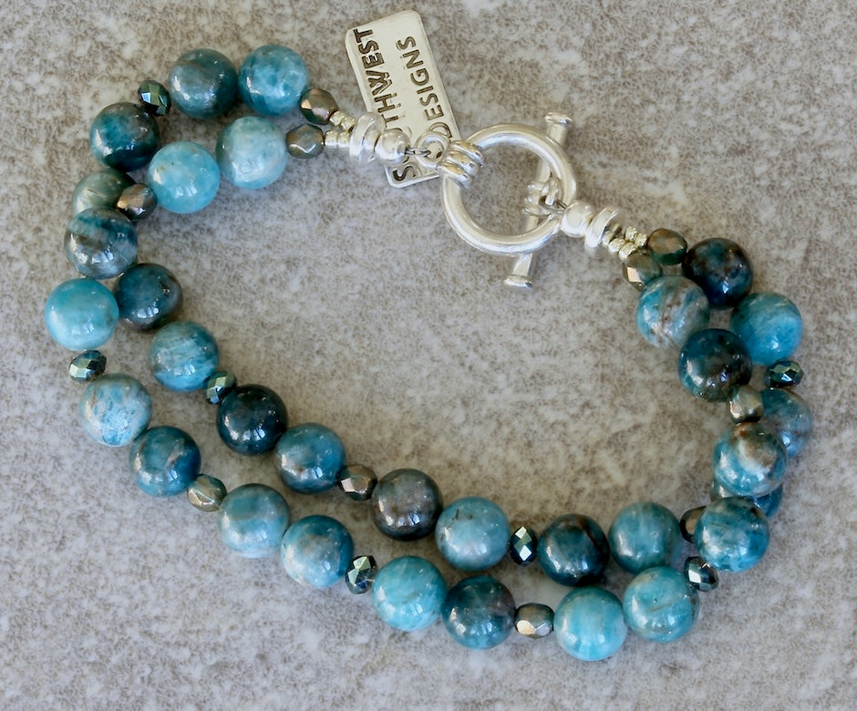 Blue Apatite Rounds 2-Strand Bracelet with Czech Fire Polished Glass and a Sterling Silver Toggle Clasp