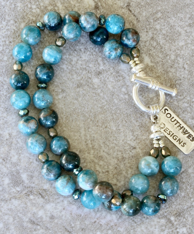 Blue Apatite Rounds 2-Strand Bracelet with Czech Fire Polished Glass and a Sterling Silver Toggle Clasp