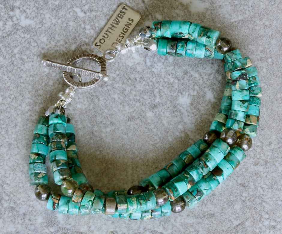 Aqua Terra Jasper Heishi 3-Strand Bracelet with Czech Glass, Hematite and Sterling Silver