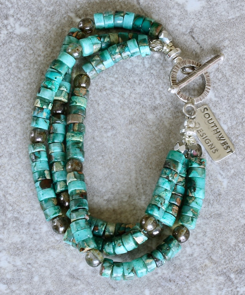 Aqua Terra Jasper Heishi 3-Strand Bracelet with Czech Glass, Hematite and Sterling Silver