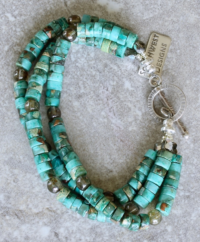 Aqua Terra Jasper Heishi 3-Strand Bracelet with Czech Glass, Hematite and Sterling Silver