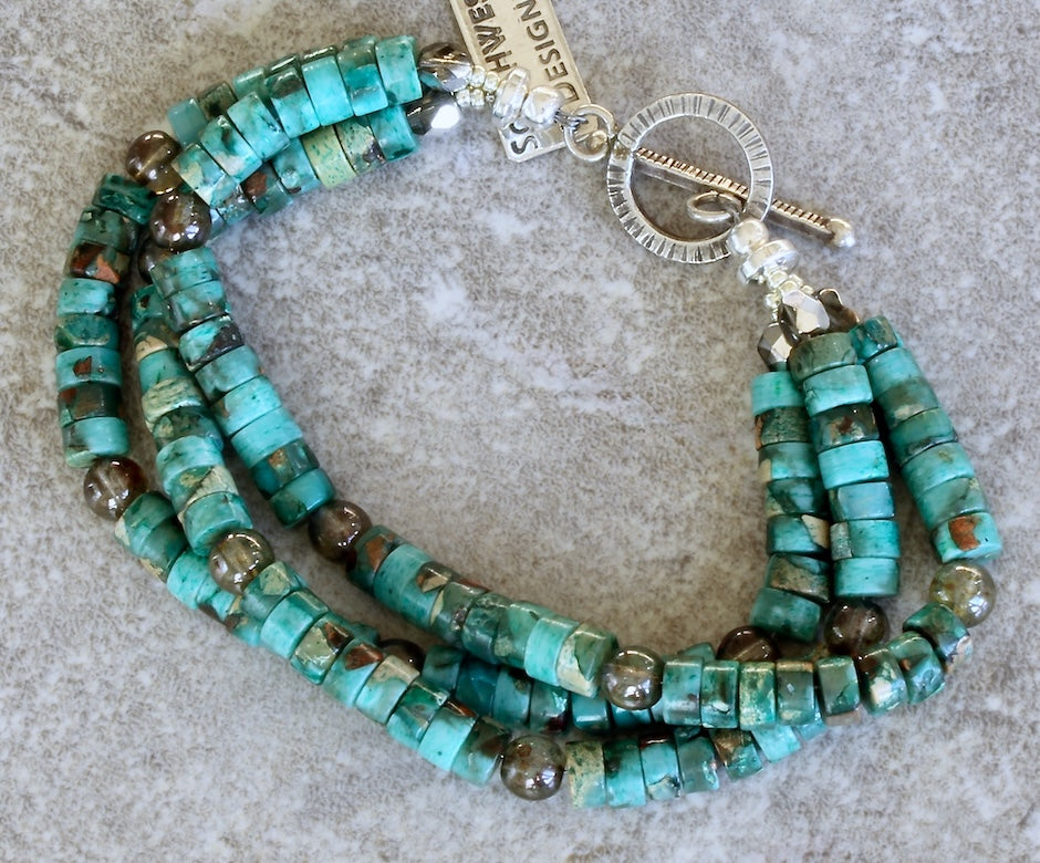 Aqua Terra Jasper Heishi 3-Strand Bracelet with Czech Glass, Hematite and Sterling Silver