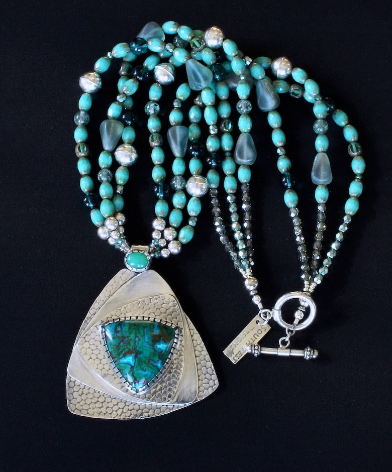 Australian Chrysocolla, Chrysoprase and Sterling Silver Pendant with 3 Strands of Czech Glass and Sterling Silver