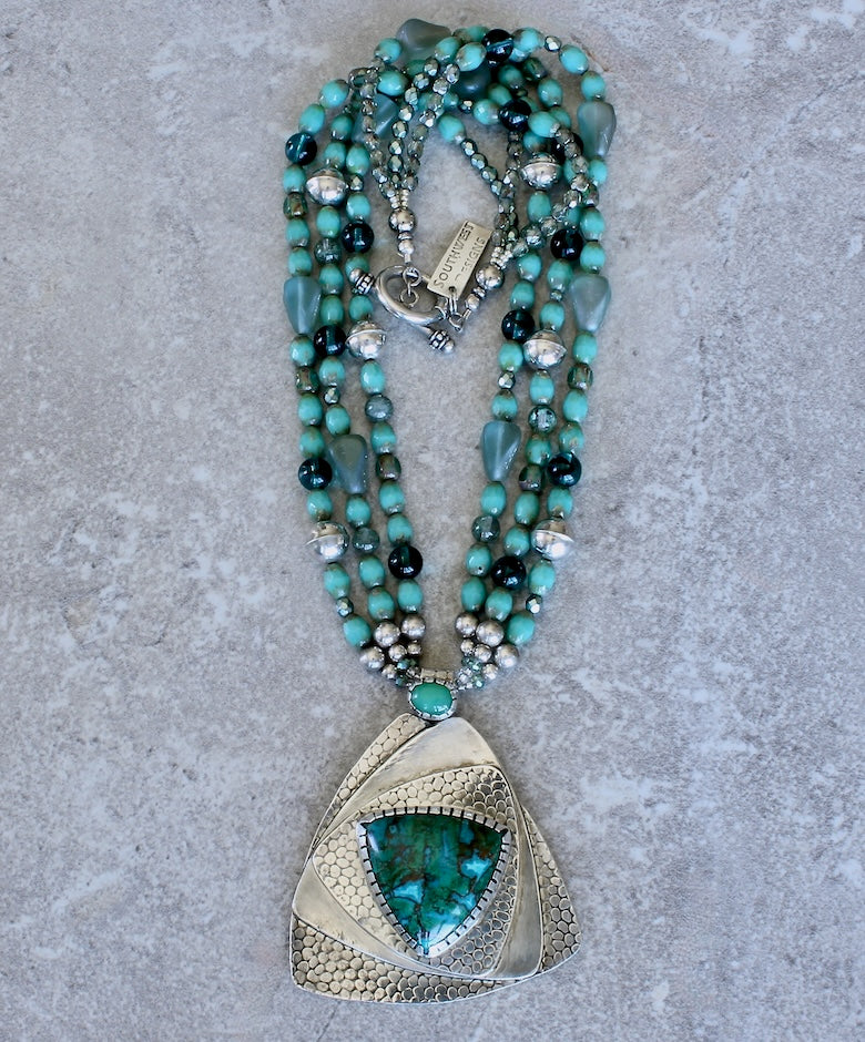 Australian Chrysocolla, Chrysoprase and Sterling Silver Pendant with 3 Strands of Czech Glass and Sterling