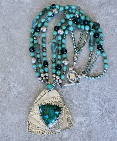 Australian Chrysocolla, Chrysoprase and Sterling Silver Pendant with 3 Strands of Czech Glass and Sterling