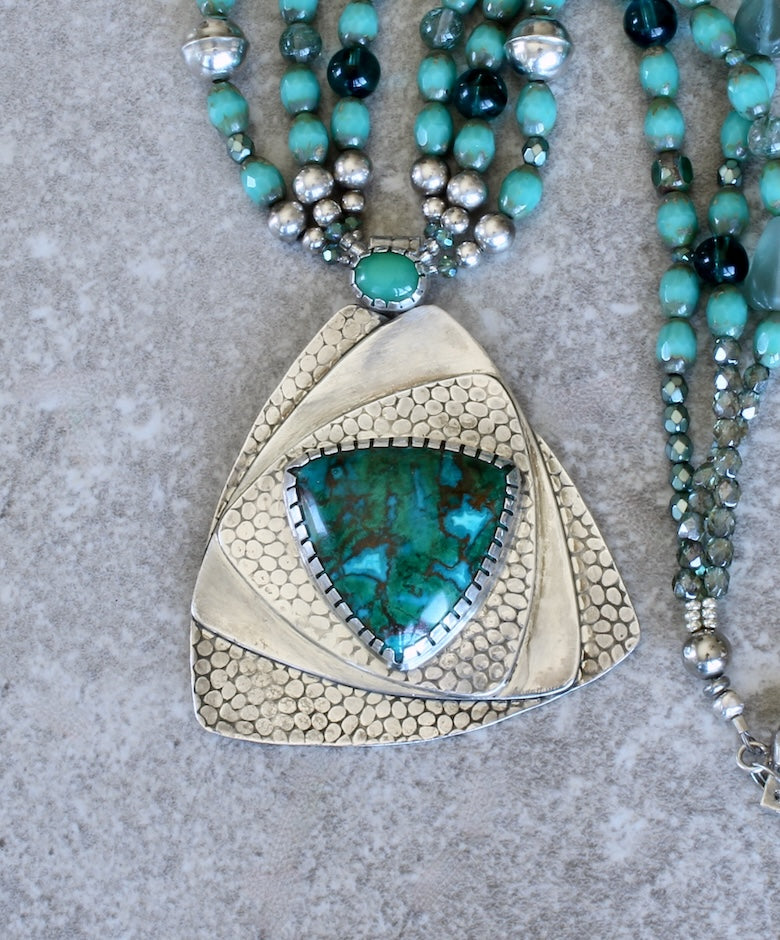 Australian Chrysocolla, Chrysoprase and Sterling Silver Roller-Print Pendant with 3 Strands of Czech Glass and Sterling