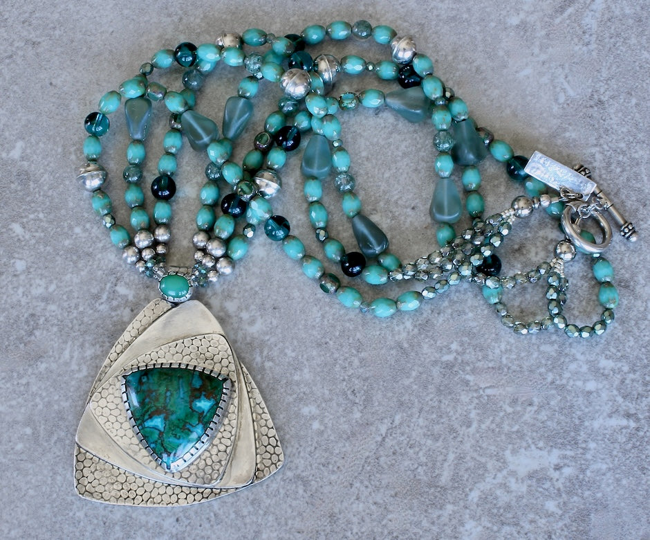 Australian Chrysocolla, Chrysoprase and Sterling Silver Pendant with 3 Strands of Czech Glass and Sterling