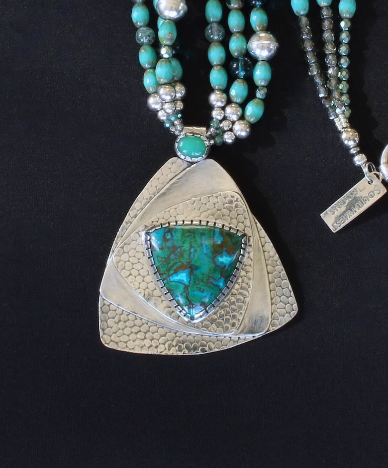 Australian Chrysocolla, Chrysoprase and Sterling Silver Pendant with 3 Strands of Czech Glass and Sterling Silver