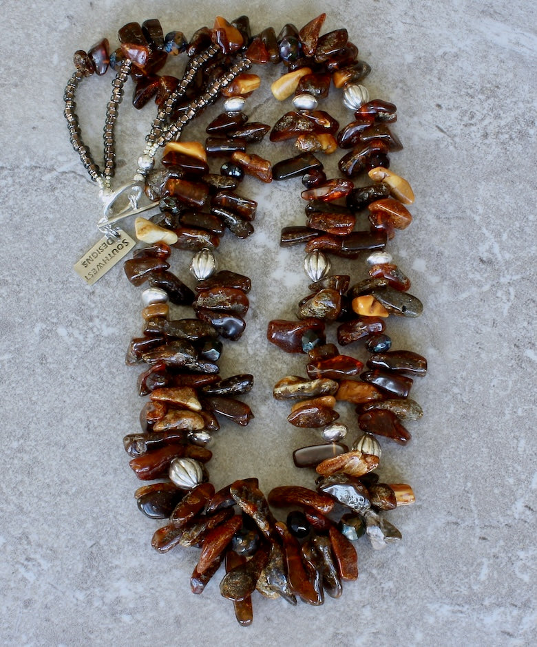 Baltic Amber Multi-Hued Spike Necklace with Czech Luster Glass and Sterling Silver