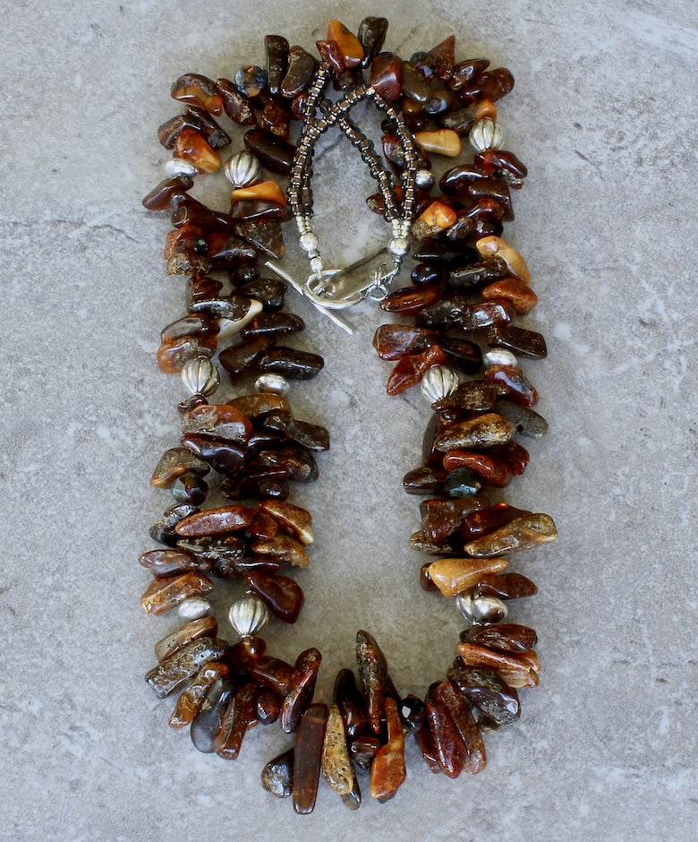 Baltic Amber Multi-Hued Spike Necklace with Czech Luster Glass and Sterling Silver