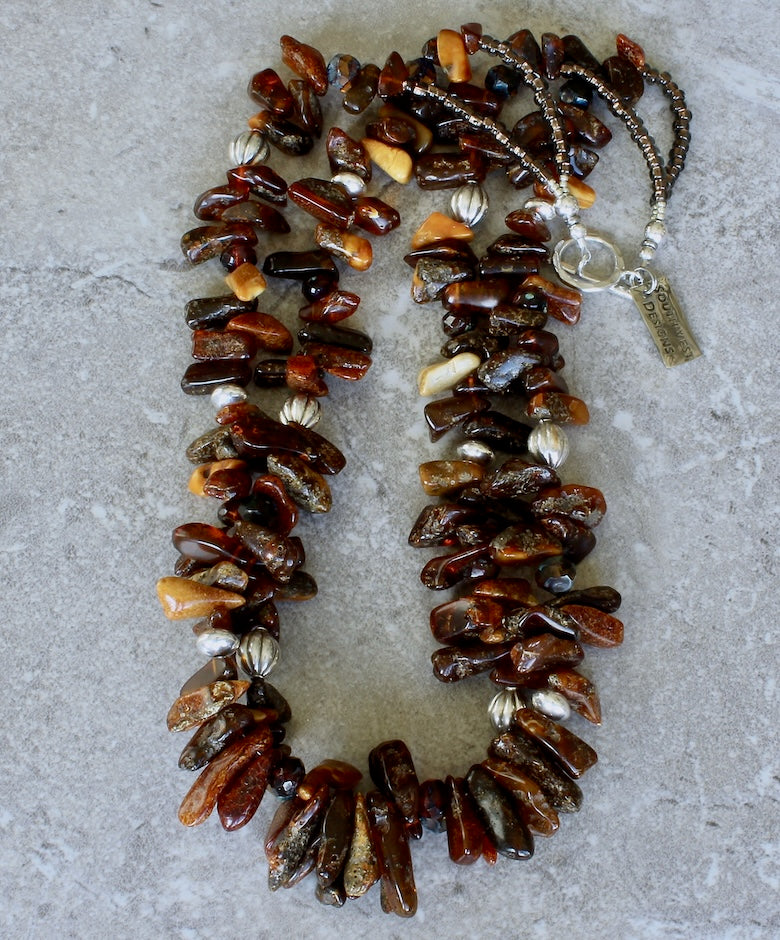 Baltic Amber Multi-Hued Spike Necklace with Czech Luster Glass and Sterling Silver