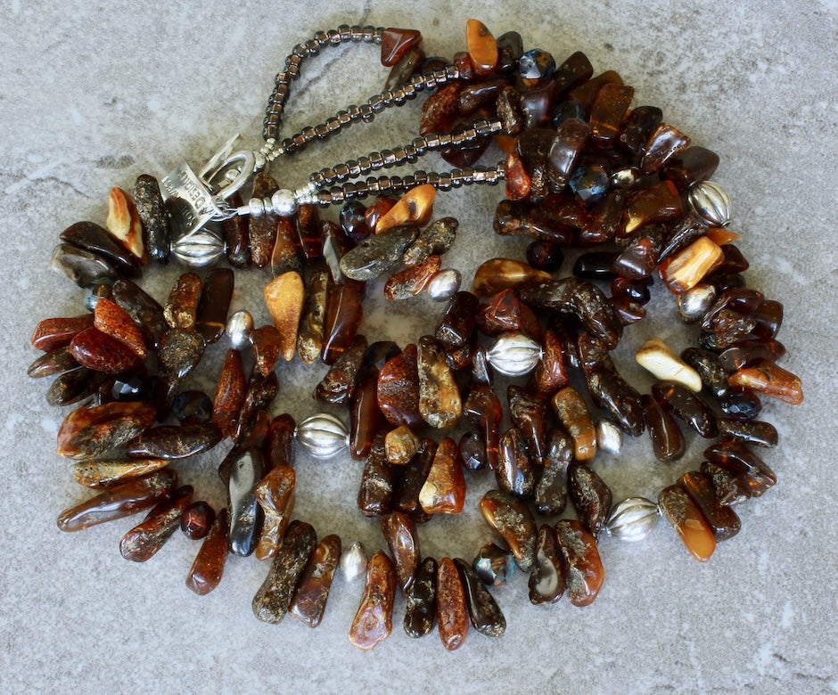 Baltic Amber Multi-Hued Spike Necklace with Czech Luster Glass and Sterling Silver