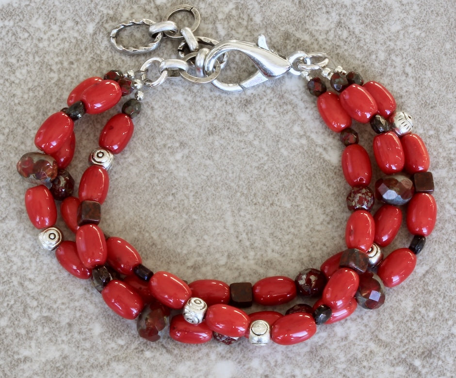 Bamboo Coral Barrel Bead 3-Stand Bracelet with Czech Glass, Red Jasper Cubes and a Silver Lobster Clasp