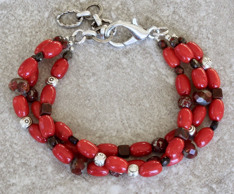 Bamboo Coral Barrel Bead 3-Stand Bracelet with Czech Glass, Red Jasper Cubes and a Silver Lobster Clasp