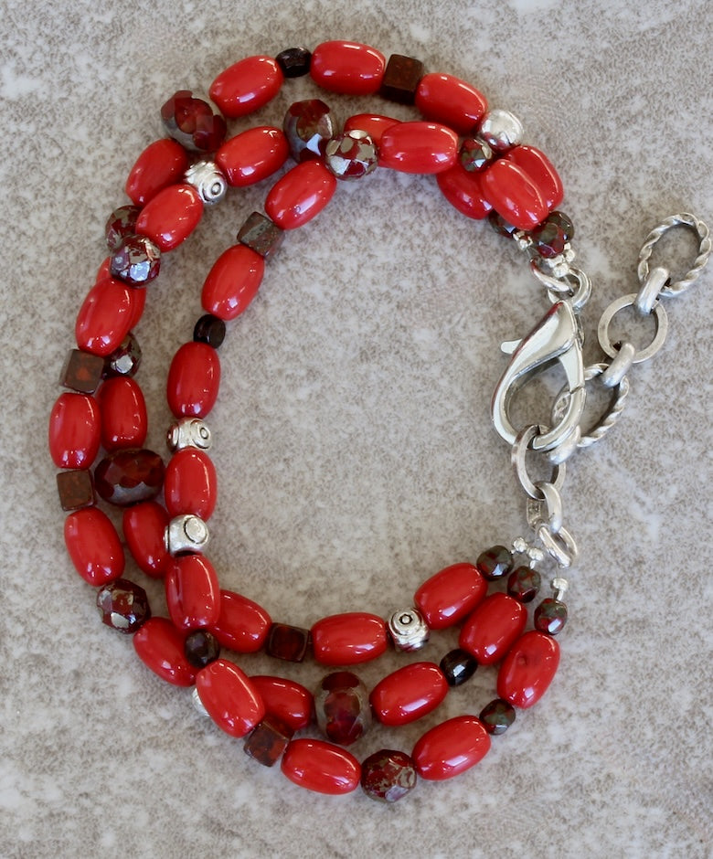 Bamboo Coral Barrel Bead 3-Stand Bracelet with Czech Glass, Red Jasper Cubes and a Silver Lobster Clasp