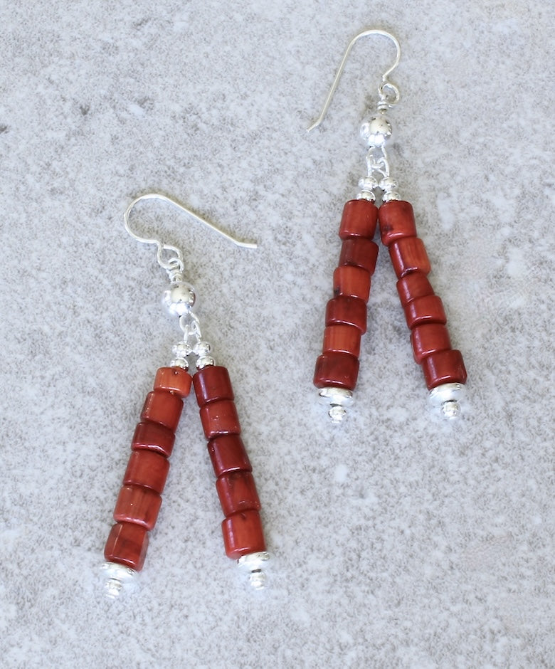 Bamboo Coral Buttons 2-Dangle Earrings with Sterling Silver Rounds, Discs and Earring Wires