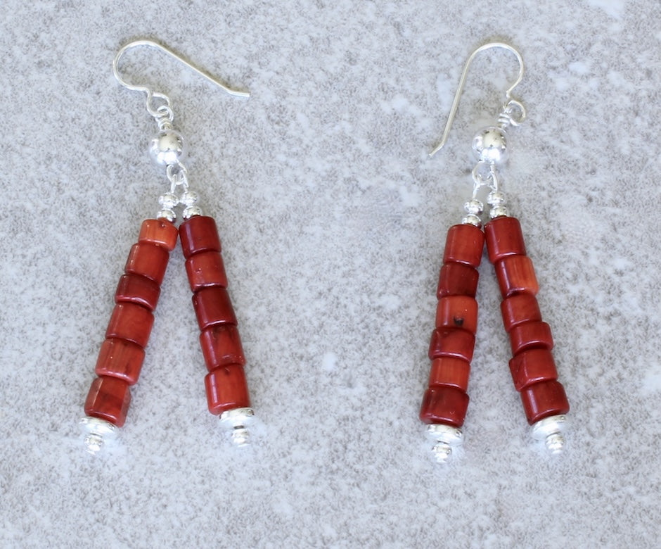 Bamboo Coral Buttons 2-Dangle Earrings with Sterling Silver Rounds, Discs and Earring Wires