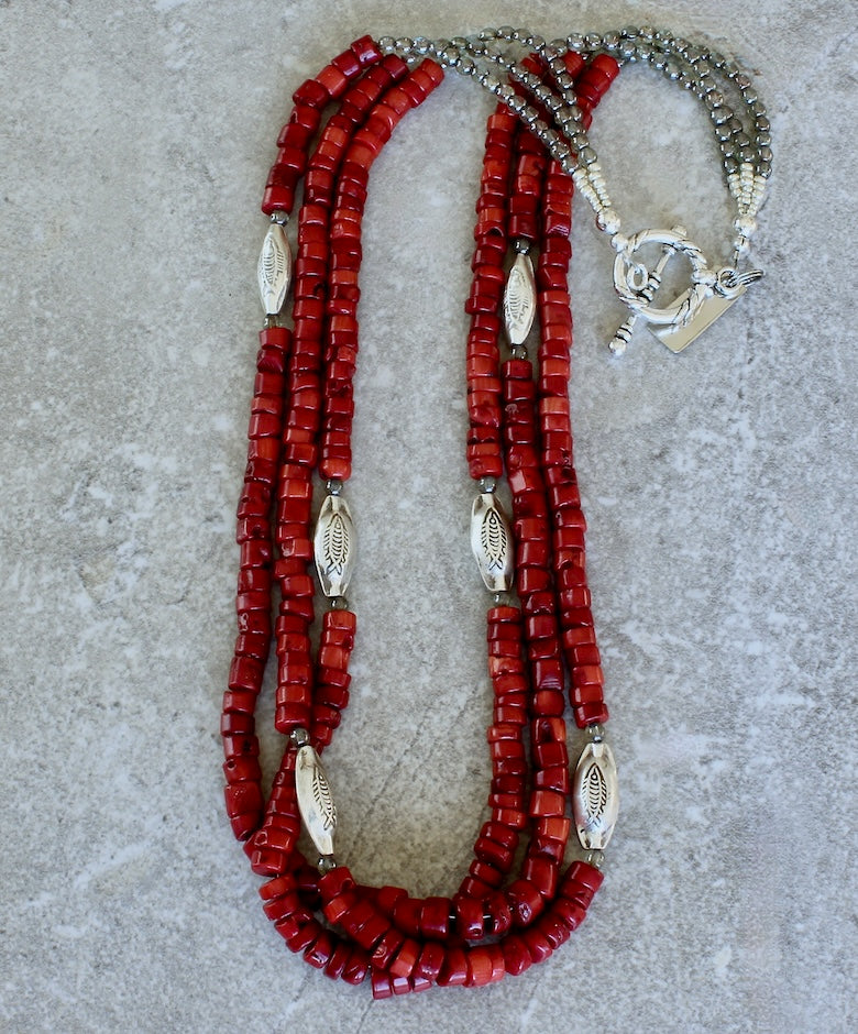 Bamboo Coral Heishi 3-Strand Necklace with Czech Druk Glass Rounds and Ornate Sterling Silver