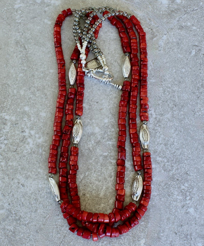 Bamboo Coral Heishi 3-Strand Necklace with Czech Druk Glass Rounds and Ornate Sterling Silver