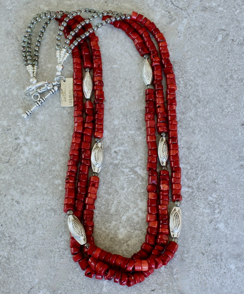 Bamboo Coral Heishi 3-Strand Necklace with Czech Druk Glass Rounds and Ornate Sterling Silver