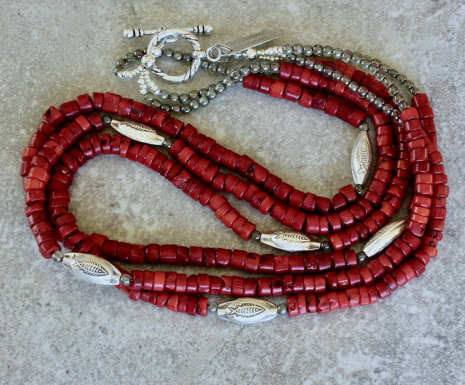 Bamboo Coral Heishi 3-Strand Necklace with Czech Druk Glass Rounds and Ornate Sterling Silver