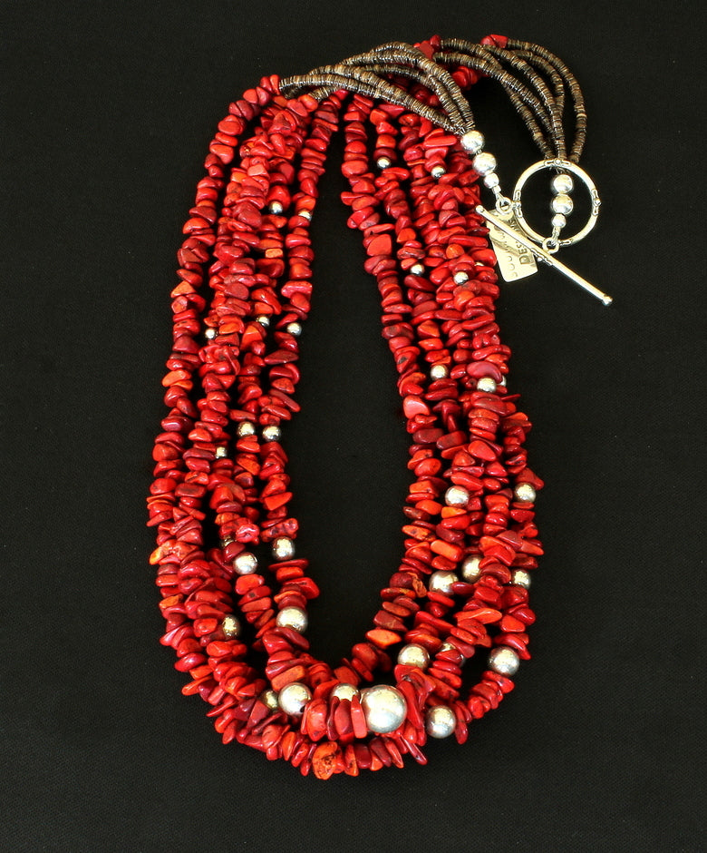 Bamboo Coral Chip 5-Strand Necklace with Olive Shell Heishi and  Sterling Silver Beads & Toggle Clasp