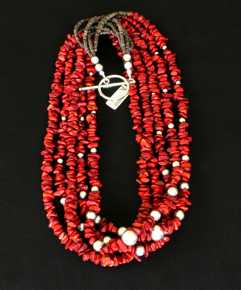 Bamboo Coral Chip 5-Strand Necklace with Olive Shell Heishi and  Sterling Silver Beads & Toggle Clasp