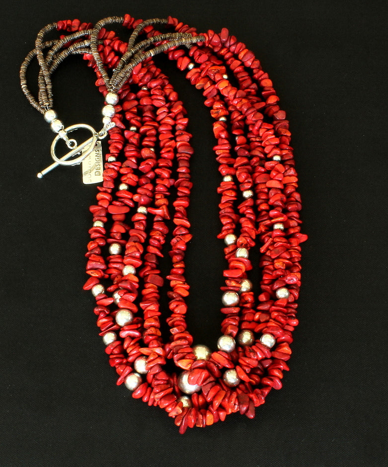 Bamboo Coral Chip 5-Strand Necklace with Olive Shell Heishi and  Sterling Silver Beads & Toggle Clasp