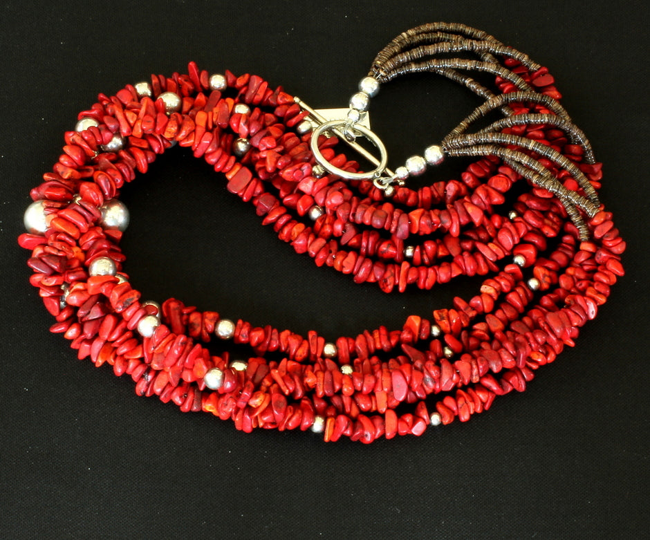 Bamboo Coral Chip 5-Strand Necklace with Olive Shell Heishi and  Sterling Silver Beads & Toggle Clasp
