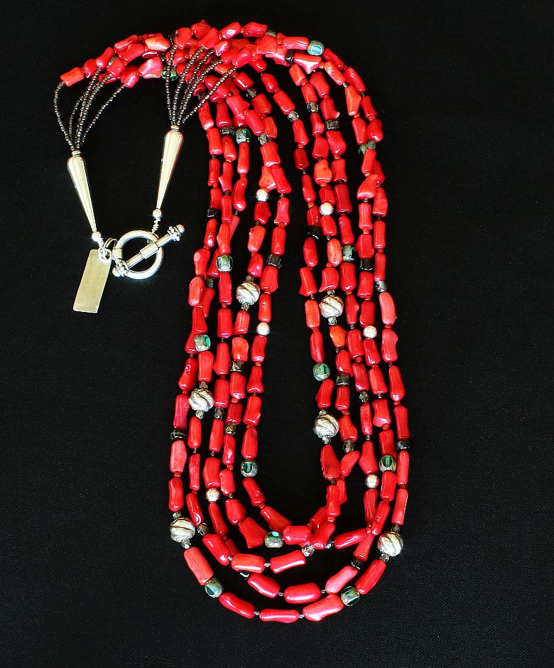 Bamboo Coral Cylinder Bead 5-Strand Necklace with Smoky Quartz, Czech Glass and Sterling Silver Beads & Toggle Clasp
