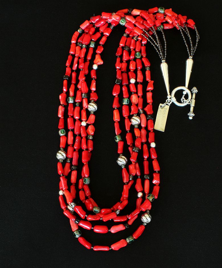 Bamboo Coral Cylinder Bead 5-Strand Necklace with Smoky Quartz, Czech Glass and Sterling Silver Beads & Toggle Clasp