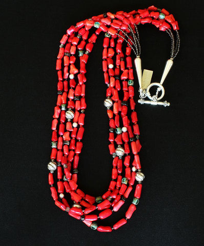 Bamboo Coral Cylinder Bead 5-Strand Necklace with Smoky Quartz, Czech Glass and Sterling Silver Beads & Toggle Clasp
