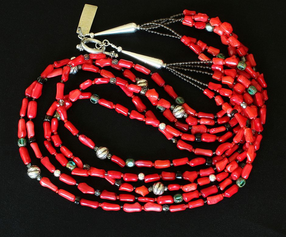 Bamboo Coral Cylinder Bead 5-Strand Necklace with Smoky Quartz, Czech Glass and Sterling Silver Beads & Toggle Clasp