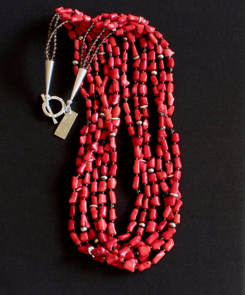 Bamboo Coral Cylinder Bead 6-Strand Necklace with Sterling Silver