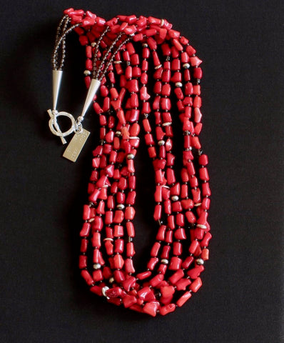 Bamboo Coral Cylinder Bead 6-Strand Necklace with Sterling Silver