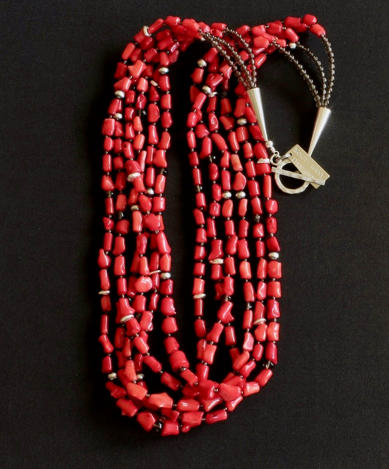 Bamboo Coral Cylinder Bead 6-Strand Necklace with Sterling Silver